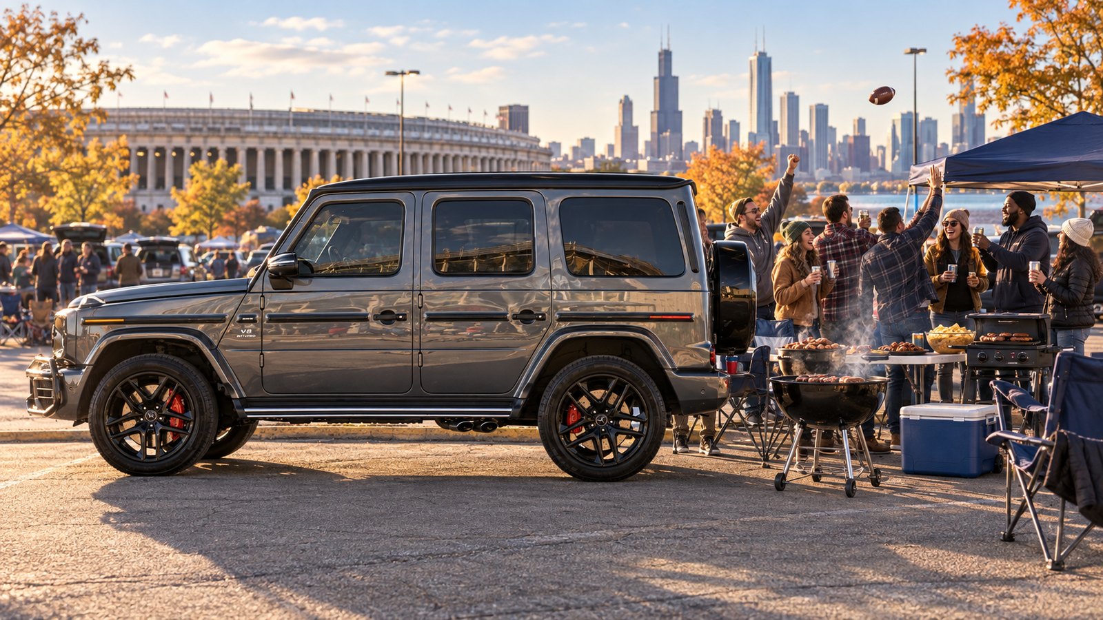 Friends at a game-day tailgate beside a graphite Mercedes-AMG G63 near Soldier Field