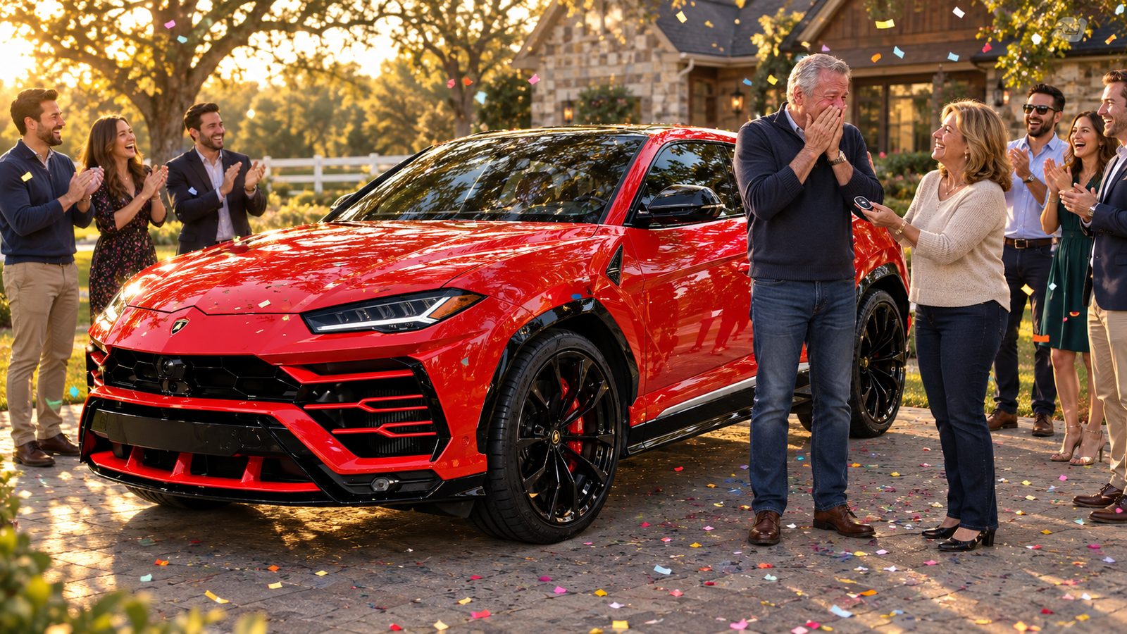A family surprises Dad with a red Lamborghini Urus for his retirement on a suburban street